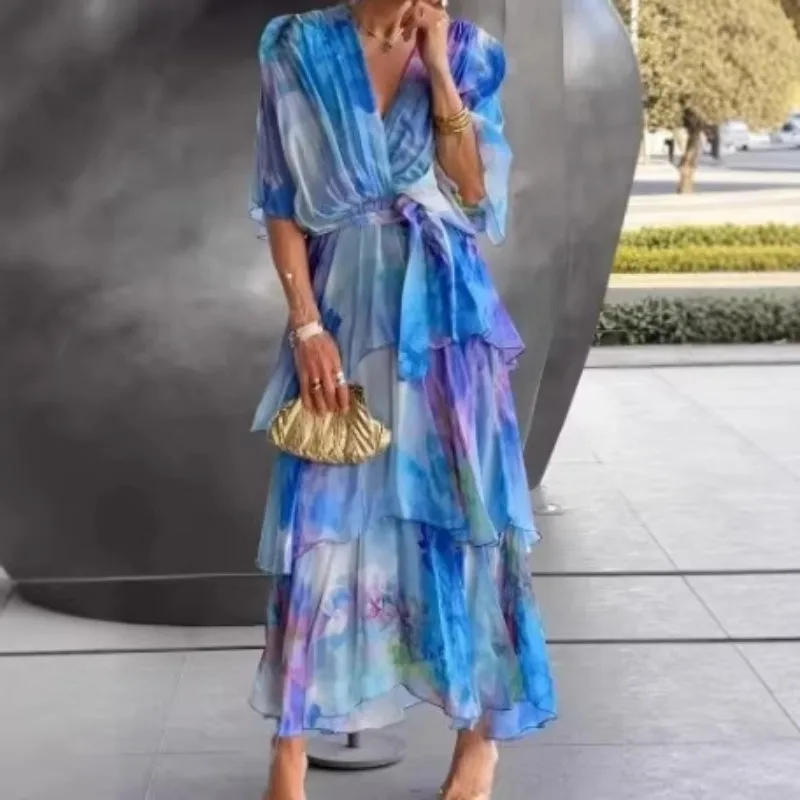 

Fashion Women Printed Waist Cinching Dress Summer V Neck Long Dress Half Sleeve Ruffle Hem Dresses Lady Bohemia Party Robe Y2k