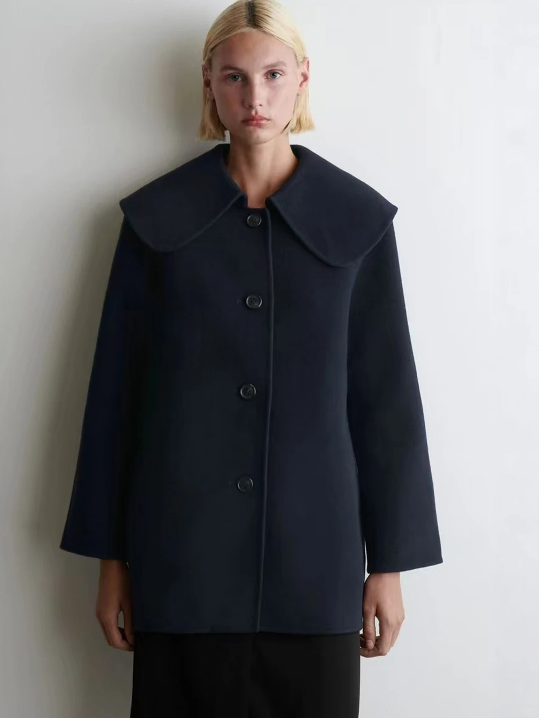 両面ウールカジュアル襟ジャケット新秋冬ファションシンプルスレ通勤ブルーカラーレディースルーズフィットコート