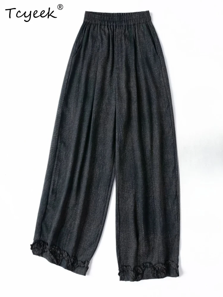 Tcyeek 40Momme 100% Mulberry Silk Casual Pants Women 2026 Summer Harem Pants Woman Vintage Clothing Ruffle Pantalones De Mujer