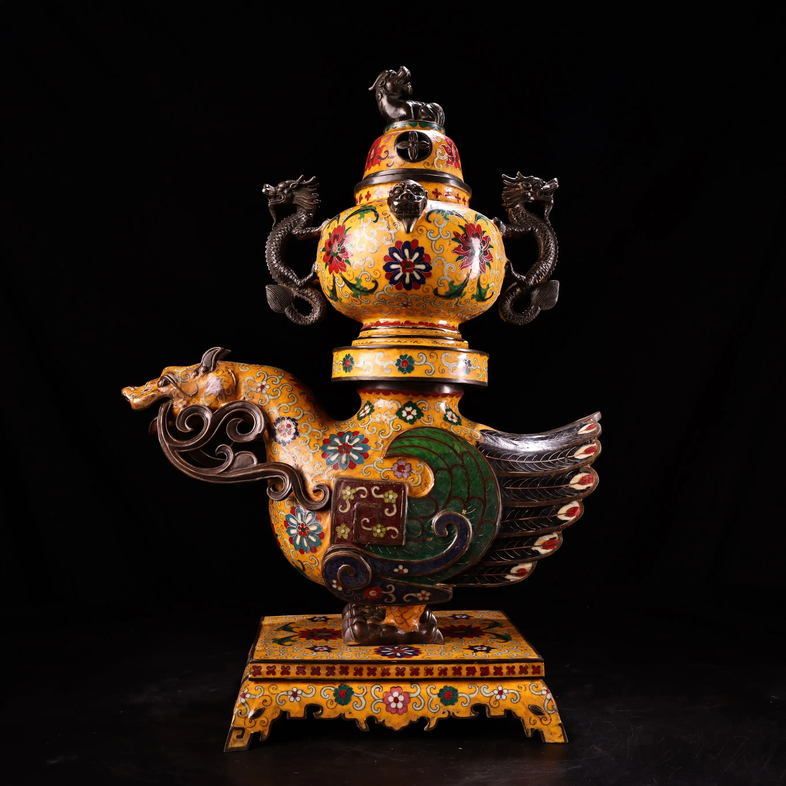 

24"Tibetan Temple Collection Old Bronze Cloisonne Enamel Unicorn Statue Incense Burner Mythical Animals Dragon Ear Furnace