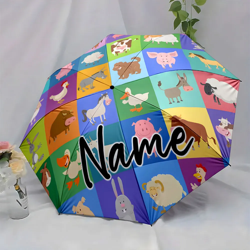 Custom Name Umbrella Colorful Cartoon Farm Animals Kids Umbrella Print 8 Iron Ribs Folding Umbrella Auto-Open Fashion Sunshade