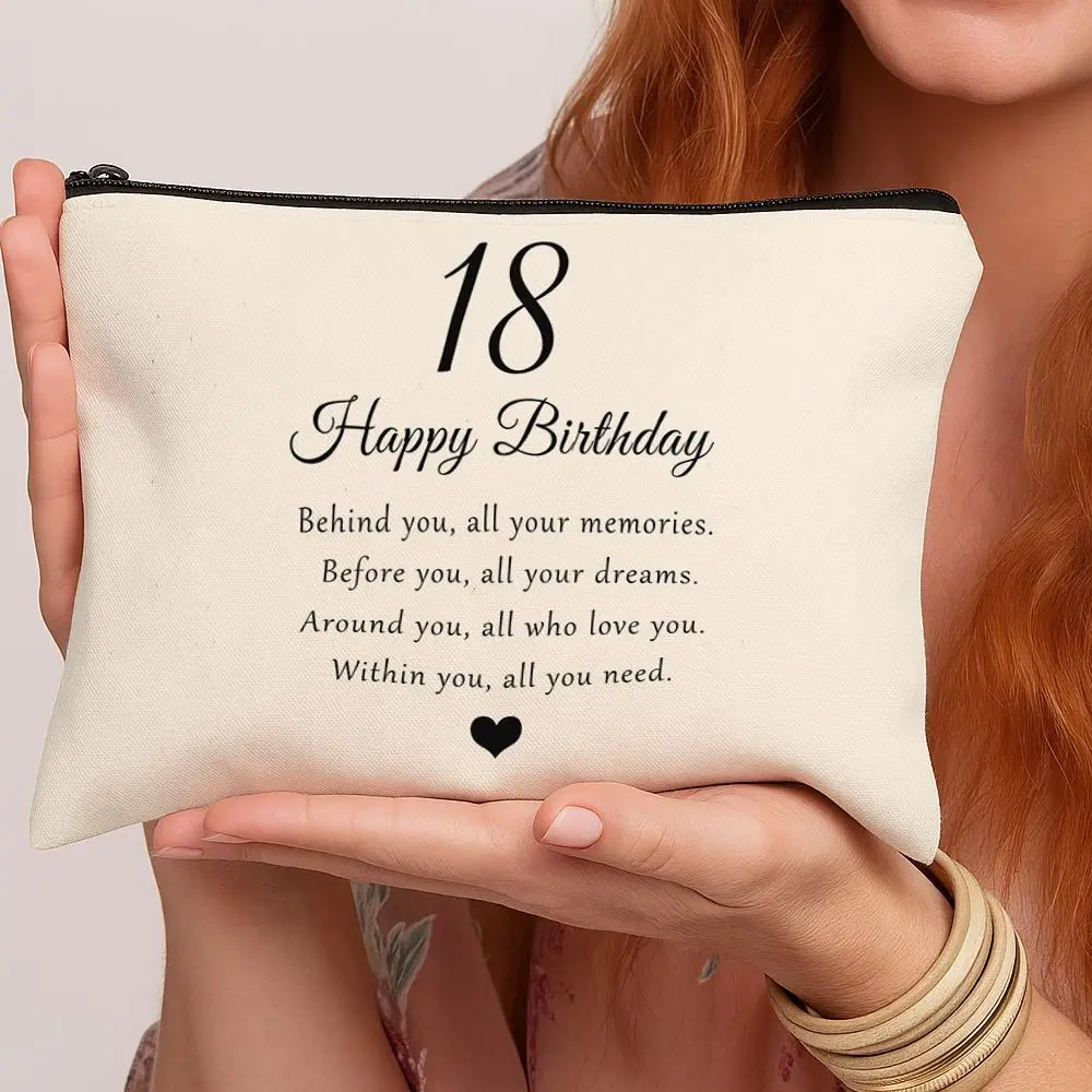 Elegant Typography Makeup Bag - Birthday Quote Zippered Travel Toiletry with Floral Design, Portable Cosmetic Pouch for Women