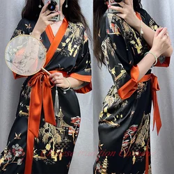 New Luxury Kimono Bathrobe Gown Women Elegant Print Flower Robe Satin Nightgown Long Loose Sleepwear Lady Casual Loungewear