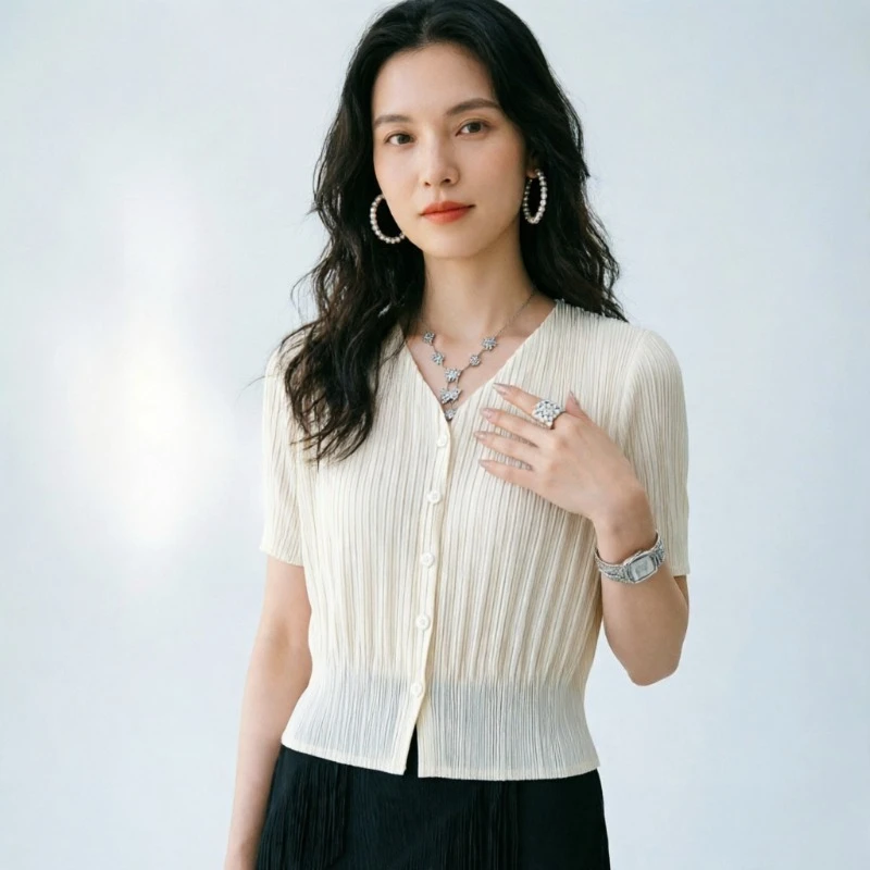 

Miyake Pleated Shirt Women 2026 Spring/Summer New Versatile Pleated V-Neck Lightweight Cardigan Short Sleeve Pleats Top Women