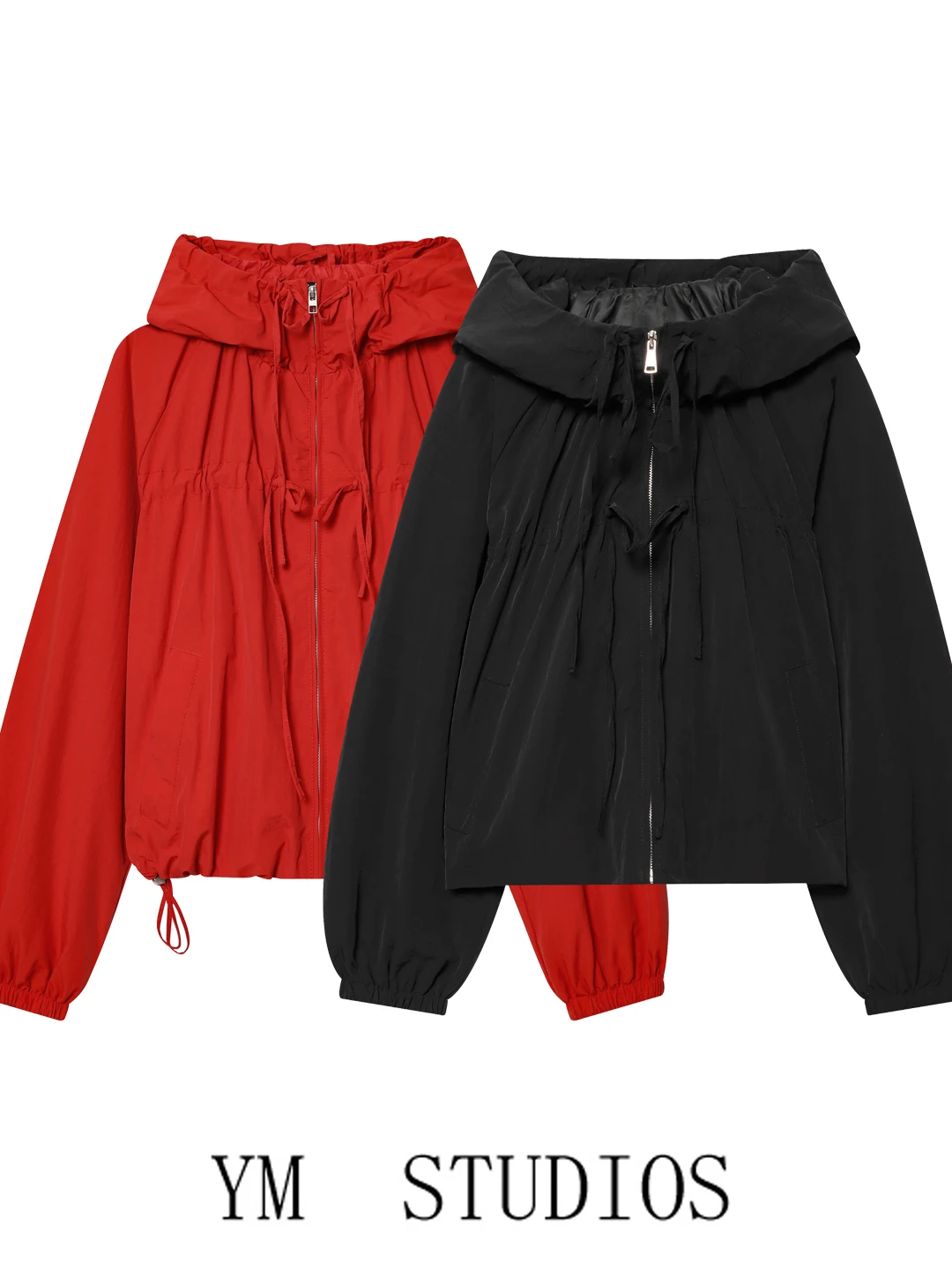 Women's Nylon Short Jacket with Drawstring Sporty Workwear Style  Knot Decorated Versatile Autumn Outerwear