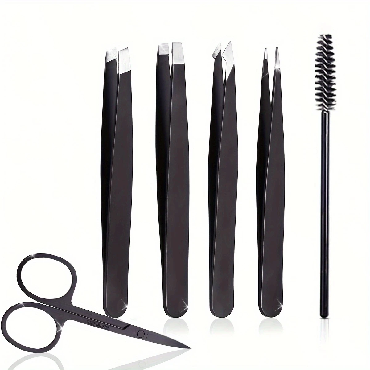 6-teiliges Augenbrauen-Pinzetten-Set mit Gebogener Schere, Wimpernbürste, Entfettungspinzette für Gesichtshaarentfernung, Augenbrauen-Clip