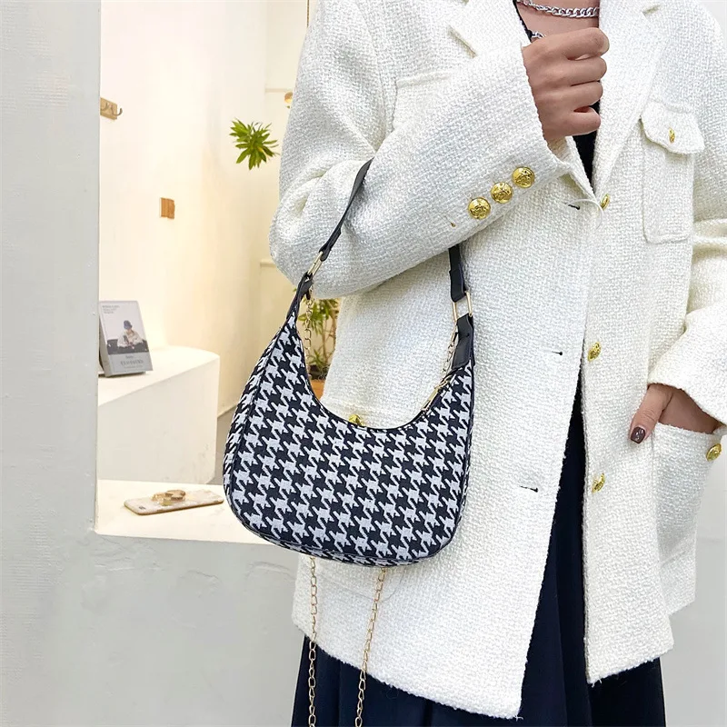 Fashion Women PU Leather Thin Chain Shoulder Crossbody Half Moon Bags Vintage Leopard Checkerboard Houndstooth Printed Handbag