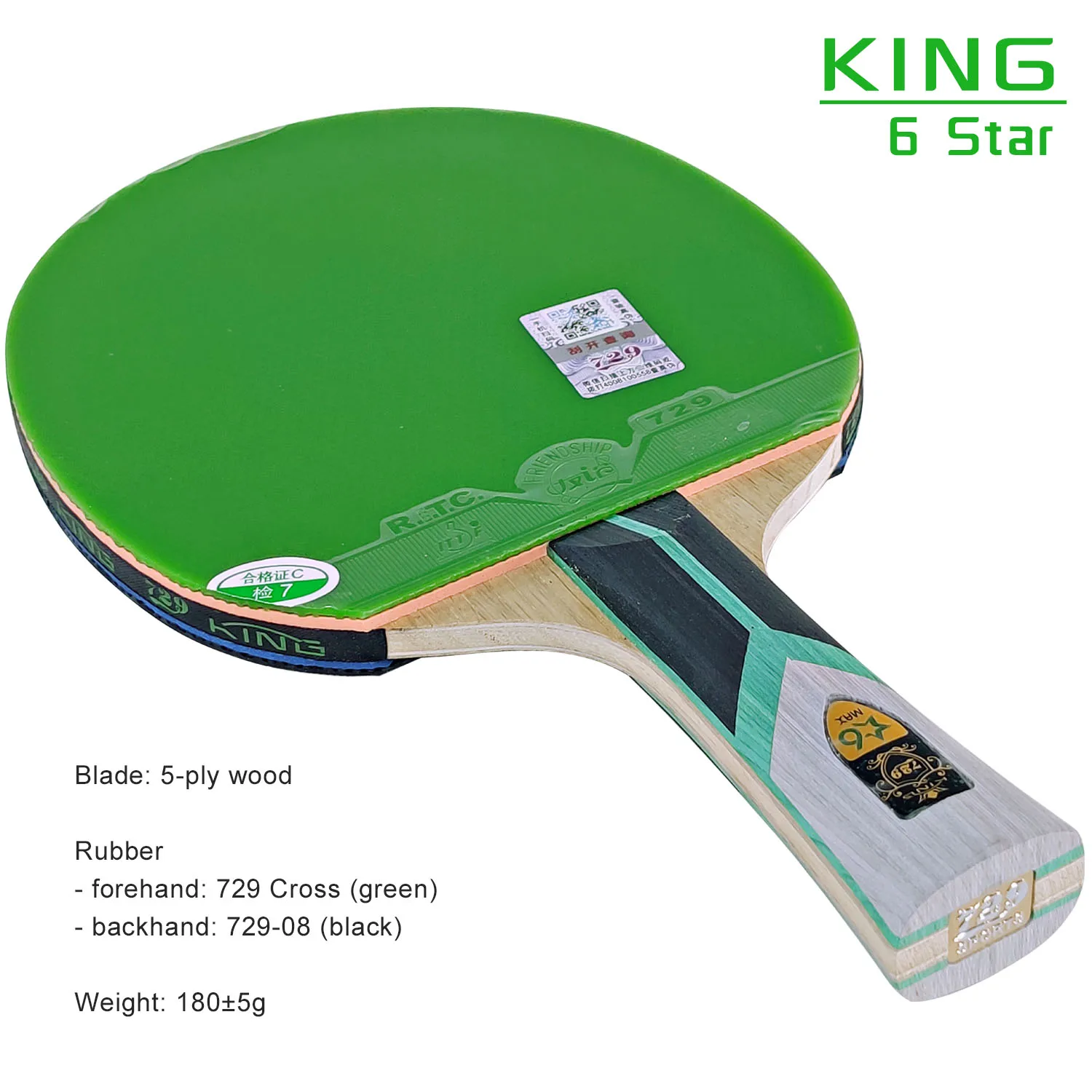 729 Friendship KING 6 Star Table Tennis Racket Brand New Green Rubber Sticky Ping Pong Racket 5 Wood Offensive Paddle