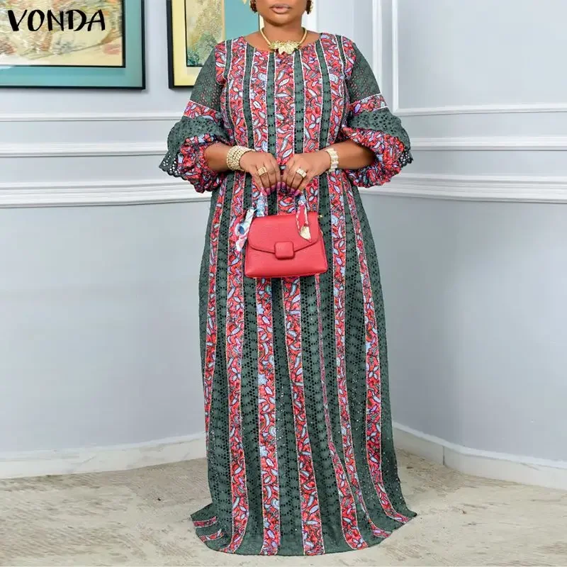 

Женские платья макси 2026 VONDA размера плюс 5XL с винтажным принтом, летние кружевные лоскутные повседневные длинные халаты с рукавами-фонариками, вечерние платья