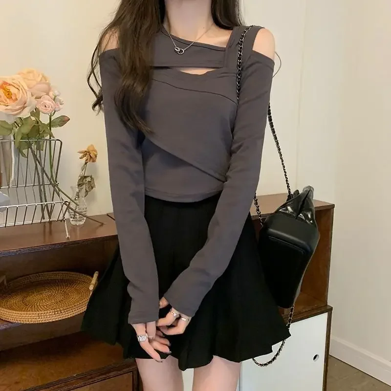 

Футболки женские шикарные корейские нерегулярные ажурные модные внутри с длинным рукавом элегантная одежда для отдыха Harajuku Mujer простые