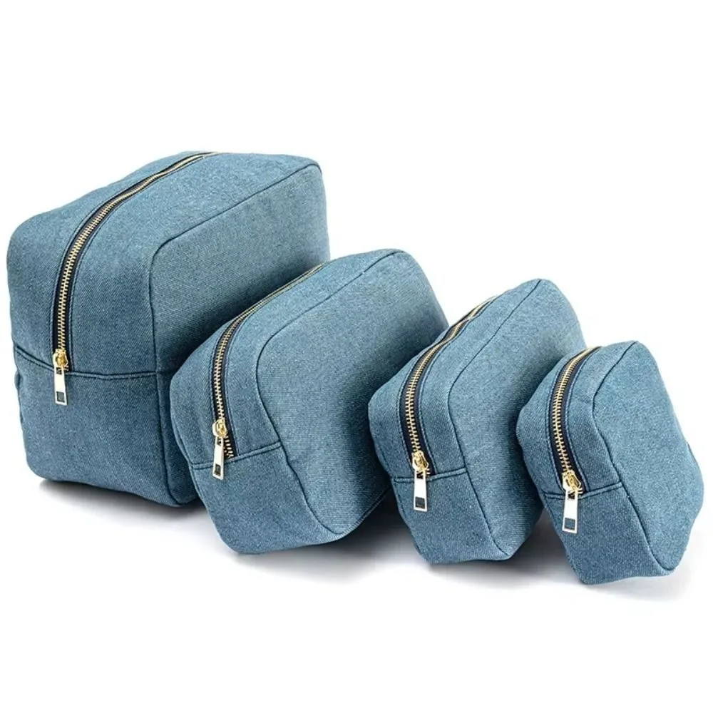 

4 Sizes Blue Denim Cosmetic Pouch Vintage Solid Color Jean Toiletry Case with Zipper Stationery Organizer Travel Storage Bag