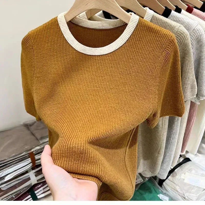 Spring Summer New Short-sleeved Women Sweaters O-neck Slim Pullover Knitted Sweater Casual Clothes Pullovers Thin Knit Tops 2024