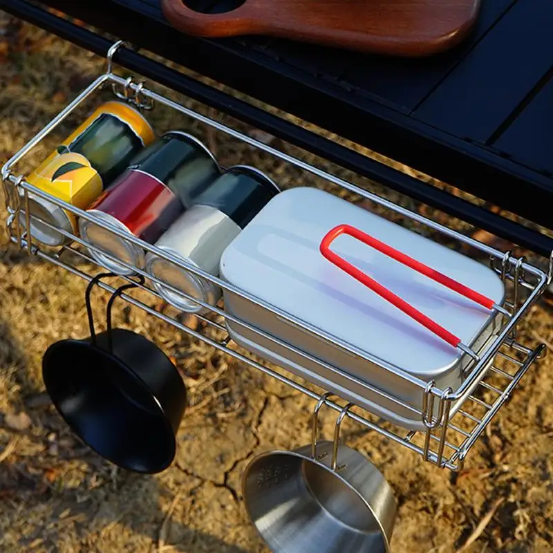 

Table Side Basket Storage Rack Lightweight Stainless Steel Foldable Hanging Basket Shelf for Camping Beach Aluminum Desk Tent