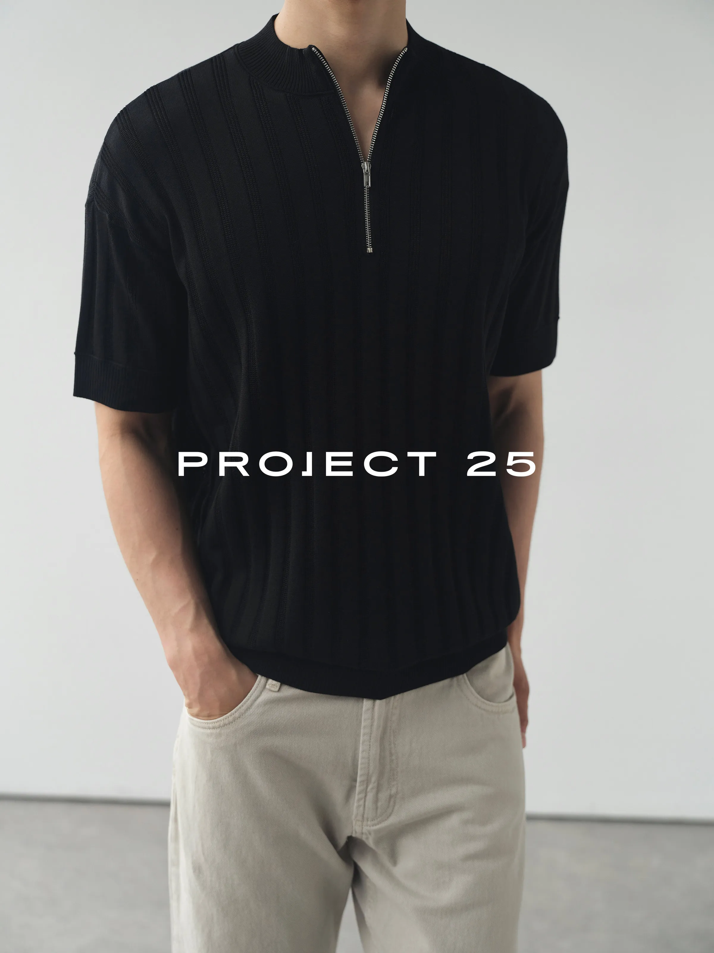 PROJECT 25 Men Half Zip Knitted T Shirt Acetate Long Staple Cotton Blend Cool Feeling Breathable Loose Casual Short Sleeve Tops