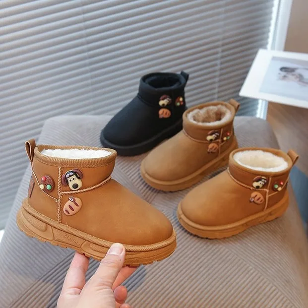 Girls Winter Thickened Fleece Lined Snow Boots Easy to Wear Soft Wood Sole Children's Warm Cotton Shoes Medium And Large Childre