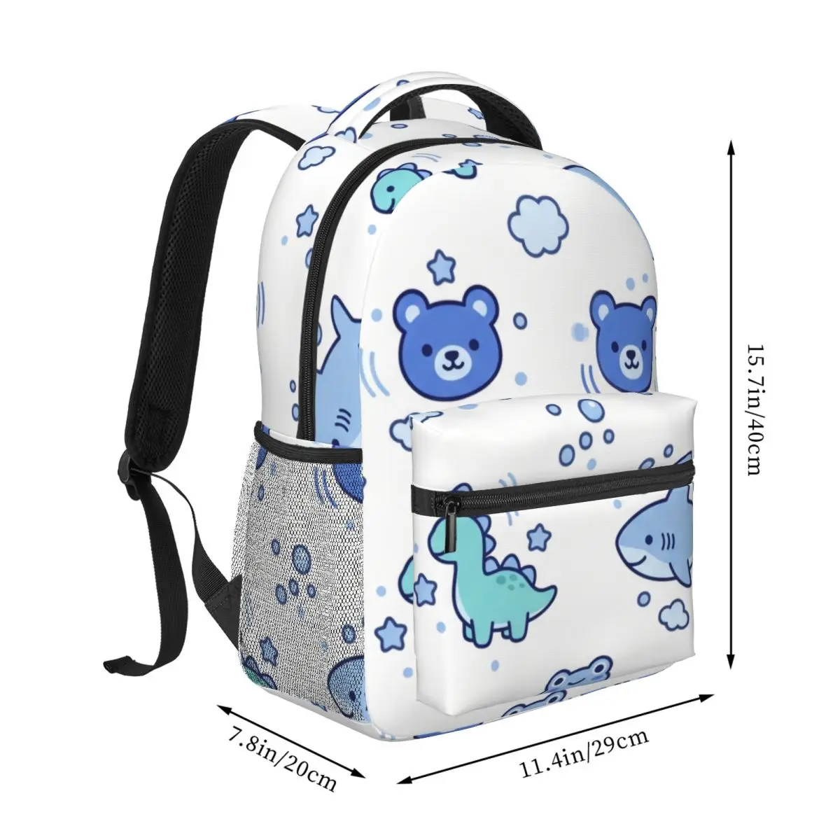 School Backpack Clustered Shark Dinosaur Frog Bear Cute Kawaii Blue White Daypack for College Class Weekend Gift Summer Bookbag
