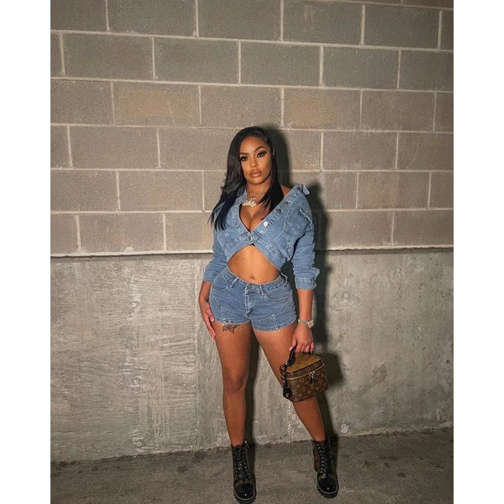 Autumn Outfits for Women 2024 Denim Jacket Shorts Two Piece Sets Streetwear Diamonds Distressed Short Pants Buttons Coat Suit