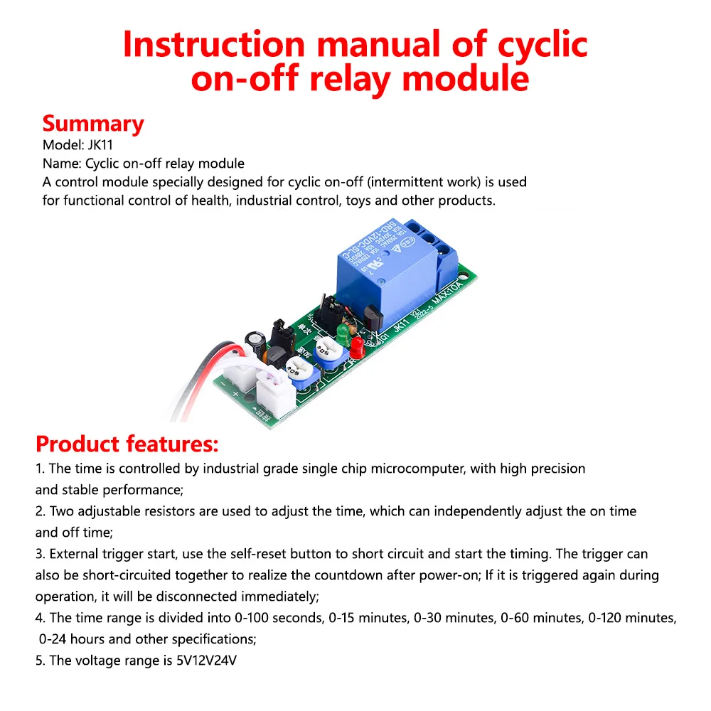 JK11 Adjustable Cycle Timer Delay On/Off Switch Power Supply Relay DC 5V 12V 24V Timer Delay Relay 1s-100s 0-15Min 0-60Min 0-24H