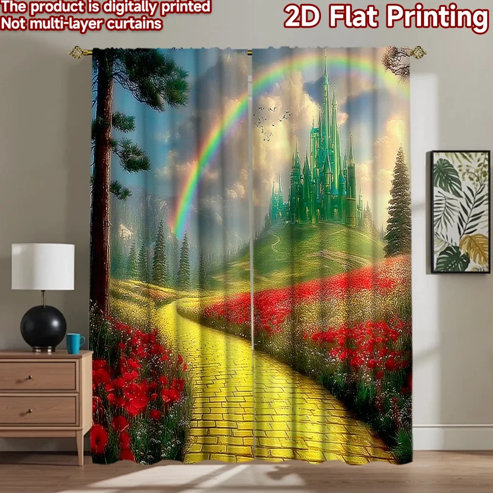 2D flat printing 2pcs Window Treatment Curtains Emerald City Rainbow Yellow Brick Road Digital Printed Polyester Drapes Festive