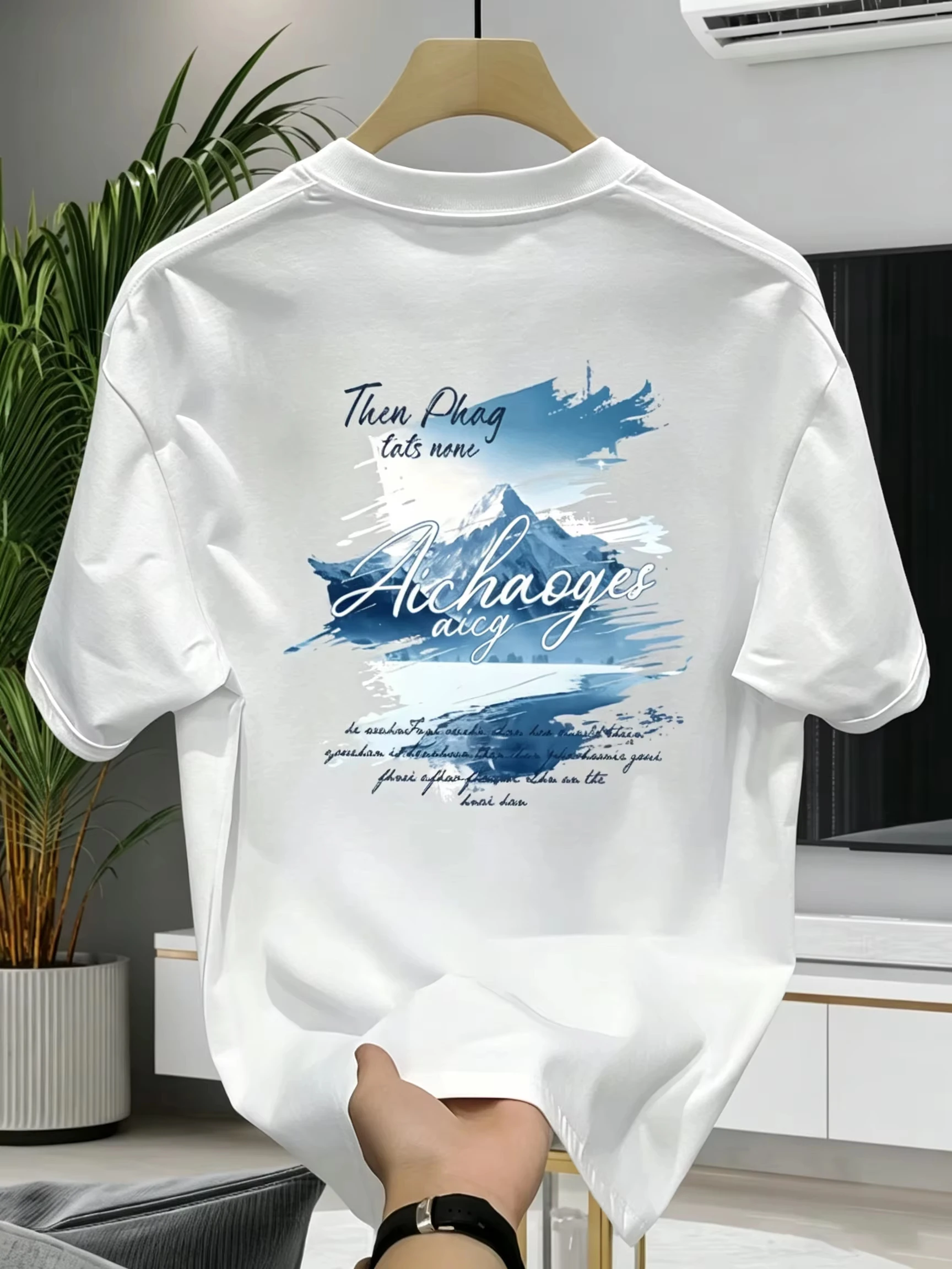 Vintage Glacier Mountain Blue Brush Stroke Letter Oversized T Shirt Men's and Women's Cotton Dual Print Hip Hop Daily T-shirt