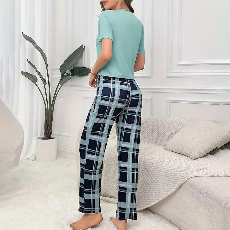 Women\'s round neck pajama set with letter printed short sleeved top and checkered pants casual soft and comfortable pajamas