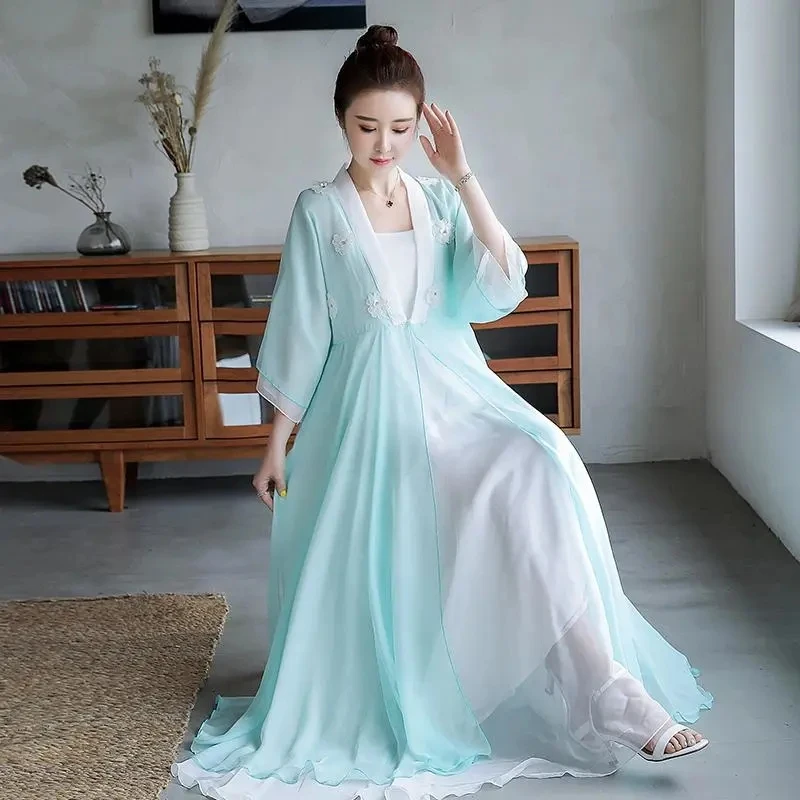 Camisa longa retrô de duas peças hanfu estilo chinês feminino, vestido de flor tridimensional, vestido de chiffon verão, vestido de festa luxuoso, mulher