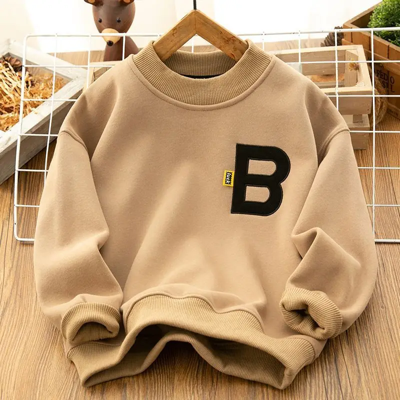 

Boys' Velvet Sweater Autumn/Winter New Children's Half High Collar Hoodie Middle and Big Boys Handsome Thickened Bottom Shirt