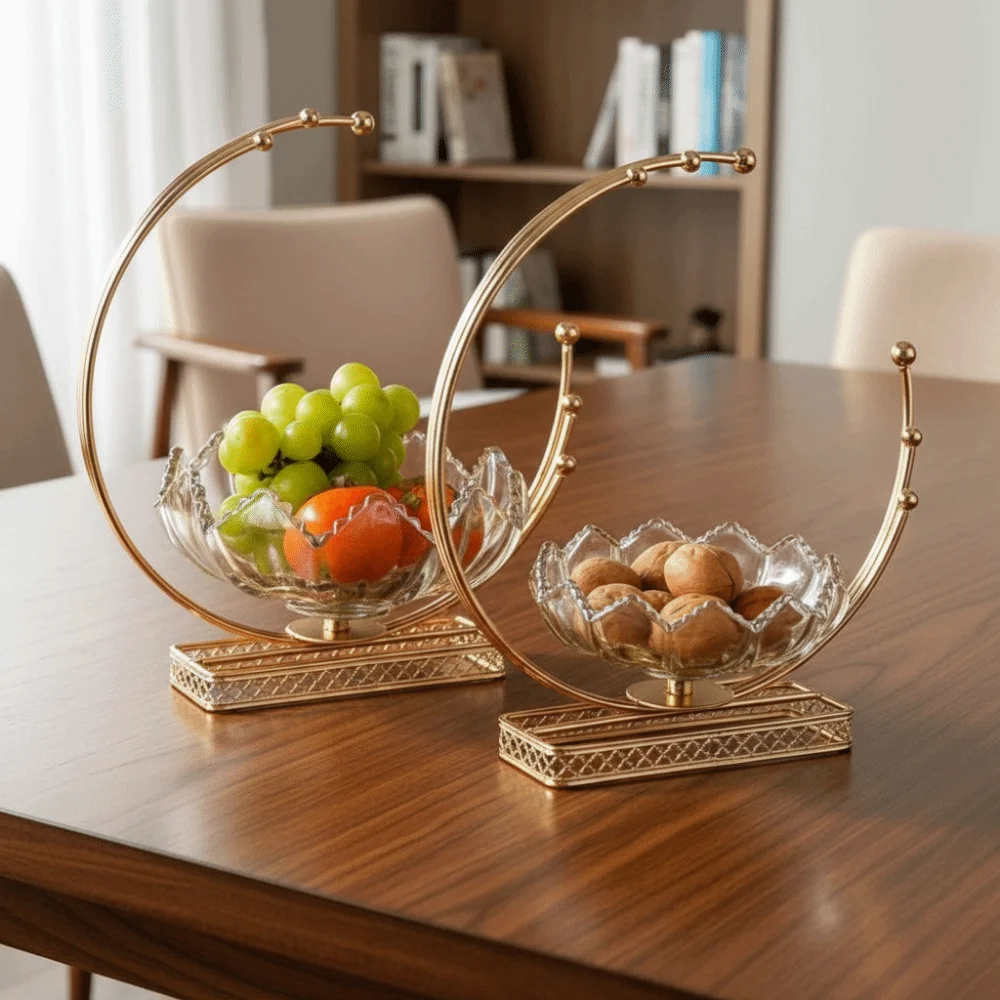 

Glass Flower Basket Shape Fruit Plates Metal Frame Decorative European Fruit Tray Large Capacity Dried Fruit Plate Candy Nuts
