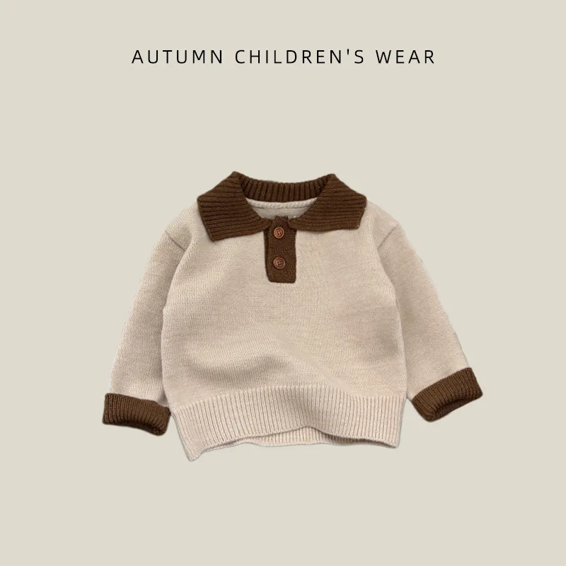 Korean baby color blocking lapel sweater, children's autumn and winter knitwear, baby inner and outer tops