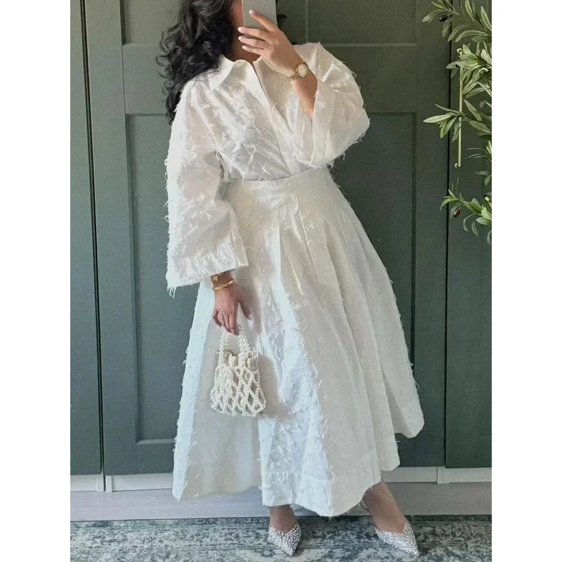 

Women's Retro Tassel Lapel Button Print Short Sleeve Shirt High Waist A-Line Skirt Summer Commuter Suit Set Simple Casual Outfit
