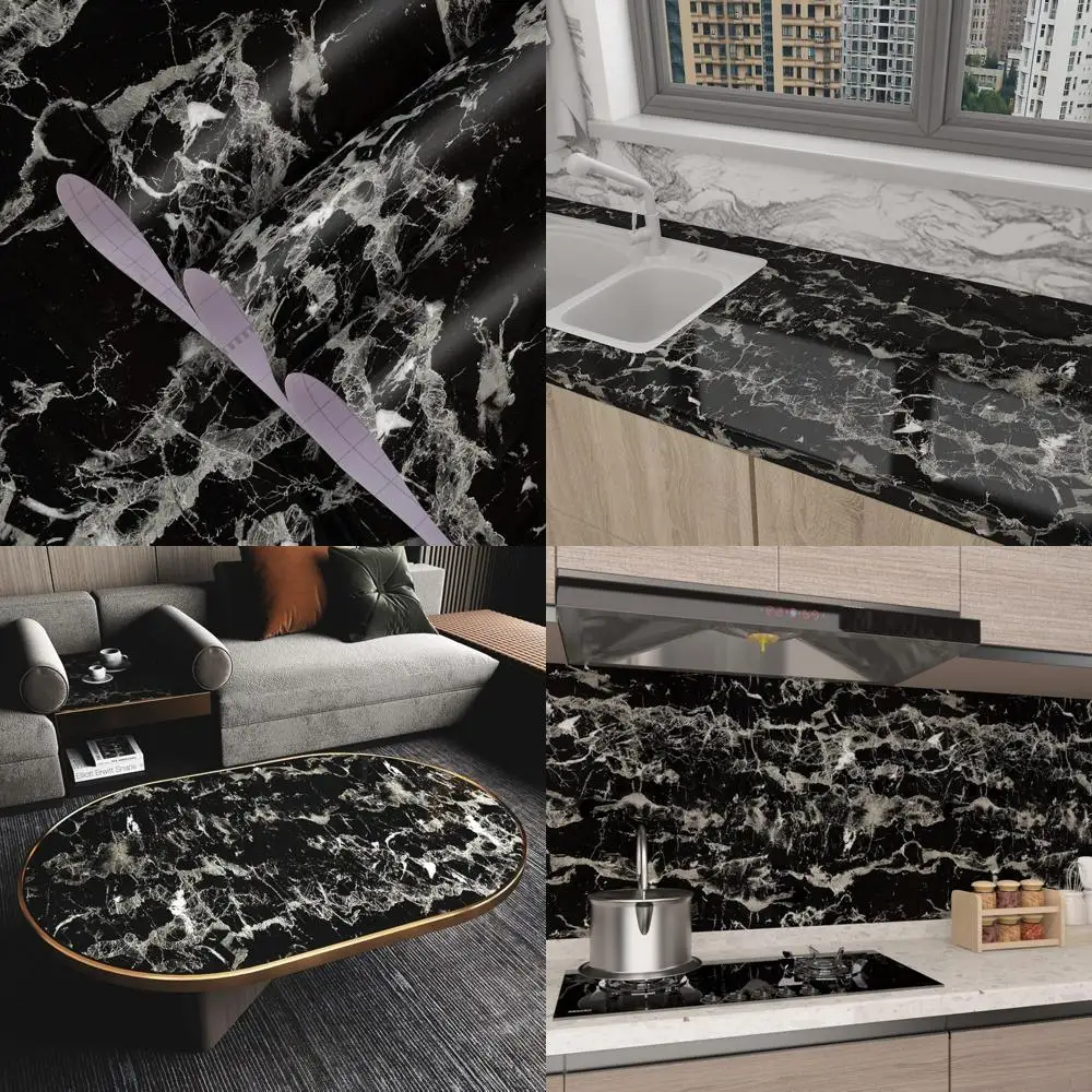 Extra Wide Black Silver Marble Peel and Stick Wallpaper for Kitchen Countertops, 31.5x354 Inch Glossy Granite Contact Paper