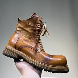 Men's Leather Thick Soles Lace-up Mid-barrel Heightening Recreational Heavy Industry Wash Motorcycle Boots for Men