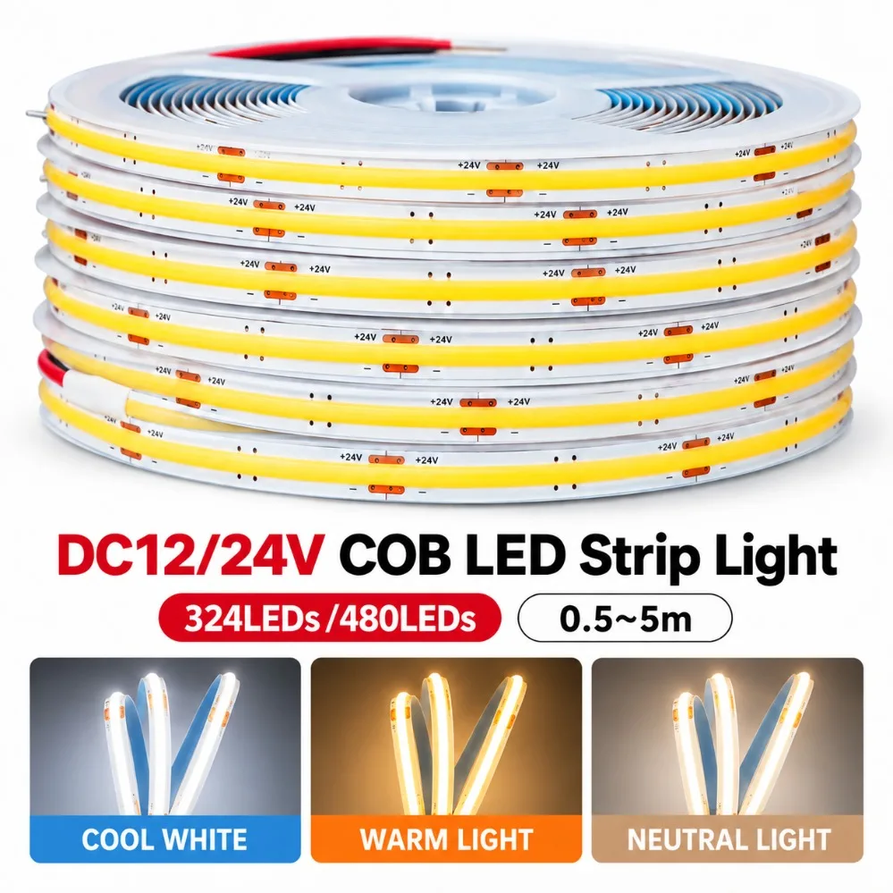 0.5-5m DC12V 24V COB LED Strip Light 324/480LEDs/m High Density Flexible LED Tape 3000K 4000K 6000K for Home Decor Lighting