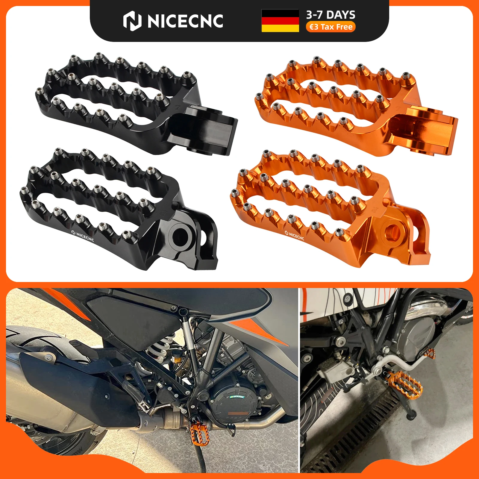 Große geschmiedete Motorrad-Fußrasten für Husqvarna 701 Enduro, 701 Supermoto, Norden, 901 sowie KTM 690 Enduro/R, 690 SMC/R, 690 SMCR, 1290 Super Adventure/R/S/T, 790 Adventure/R, 890 Adventure/R,