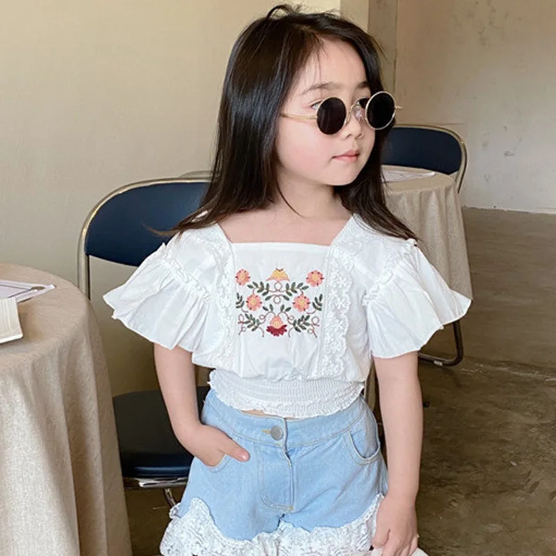 Summer Children Girls Cotton Flower Embroidered Shirt Korean Casual Girls Puff Sleeve Short Top