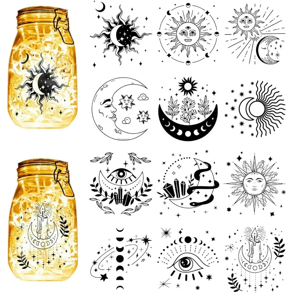 12Pcs Moon ase Silhouettes Mason Jar Decor Sun Star Lantern Laser Cutouts Ornaments Scrapbook Embellishment for Frosted Glass