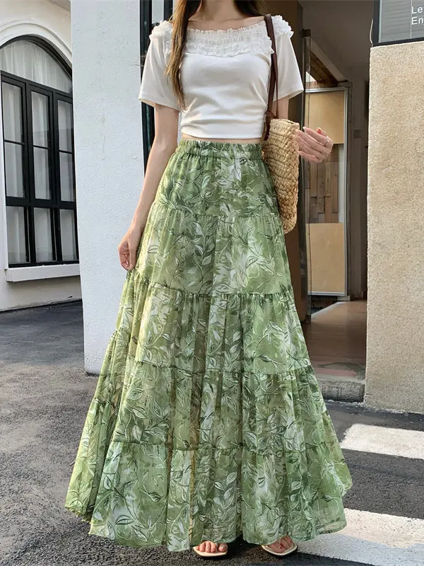Summer New Style Holiday Print Chiffon A-Line Midi Skirt High Waist Beach Holiday Wide Skirt Women's Polyester Fiber Blouse
