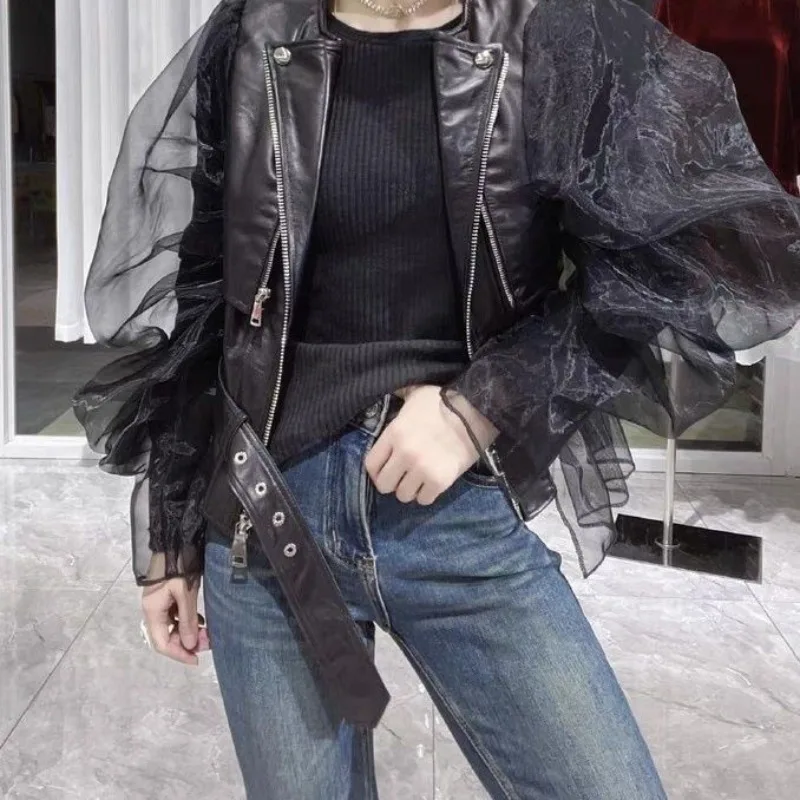 Loose Fit Black Pu Leather Mesh Elegant Jacket New Lapel Long Sleeve Women Coat Fashion Spring Autumn 2024  Top