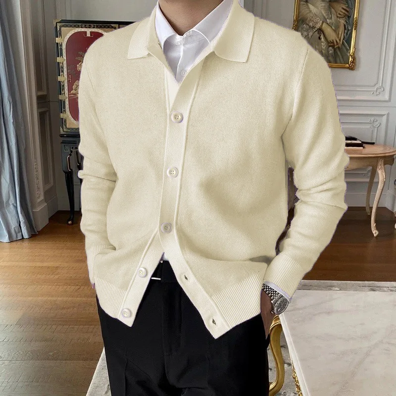 Spring Autumn Turn Down Collar Cardigan Man Knit Sweatercoat Business Casual Knitted Single Breasted Fashion Sweater Jackets Men