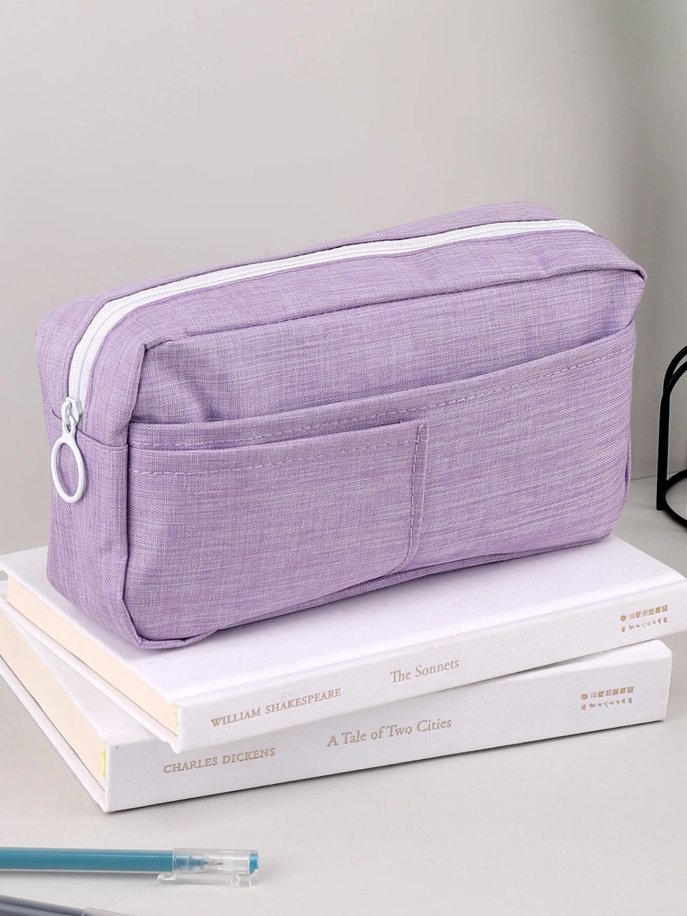 Purple Solid Color Pencil Case Multi-Layered High-Capacity Pencil Pouch Stationery Storage Bag Back-To-School Zipper Pencil Case