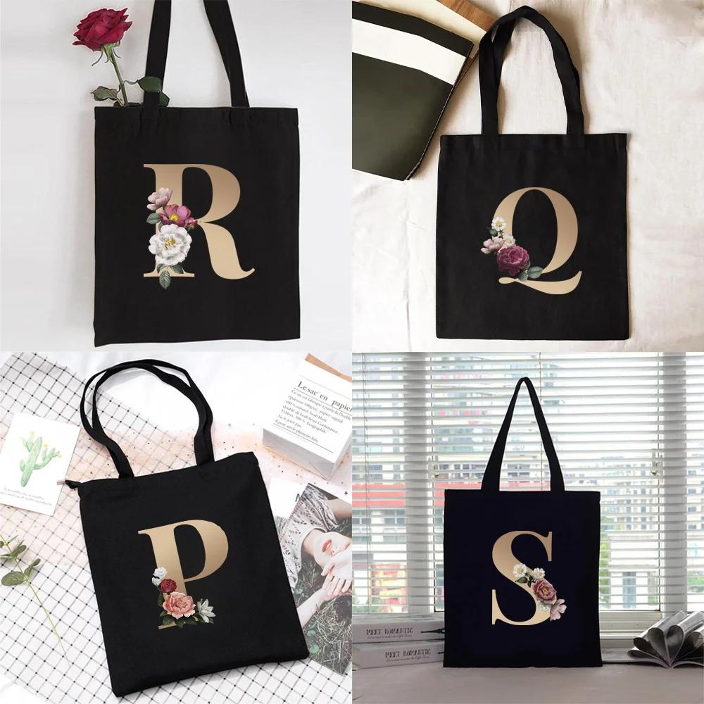 

Gold Letter Pattern Printing Shopping Portable Canvas Shoulder Bag Reusable Fashion Folding Grocery Storage Bag