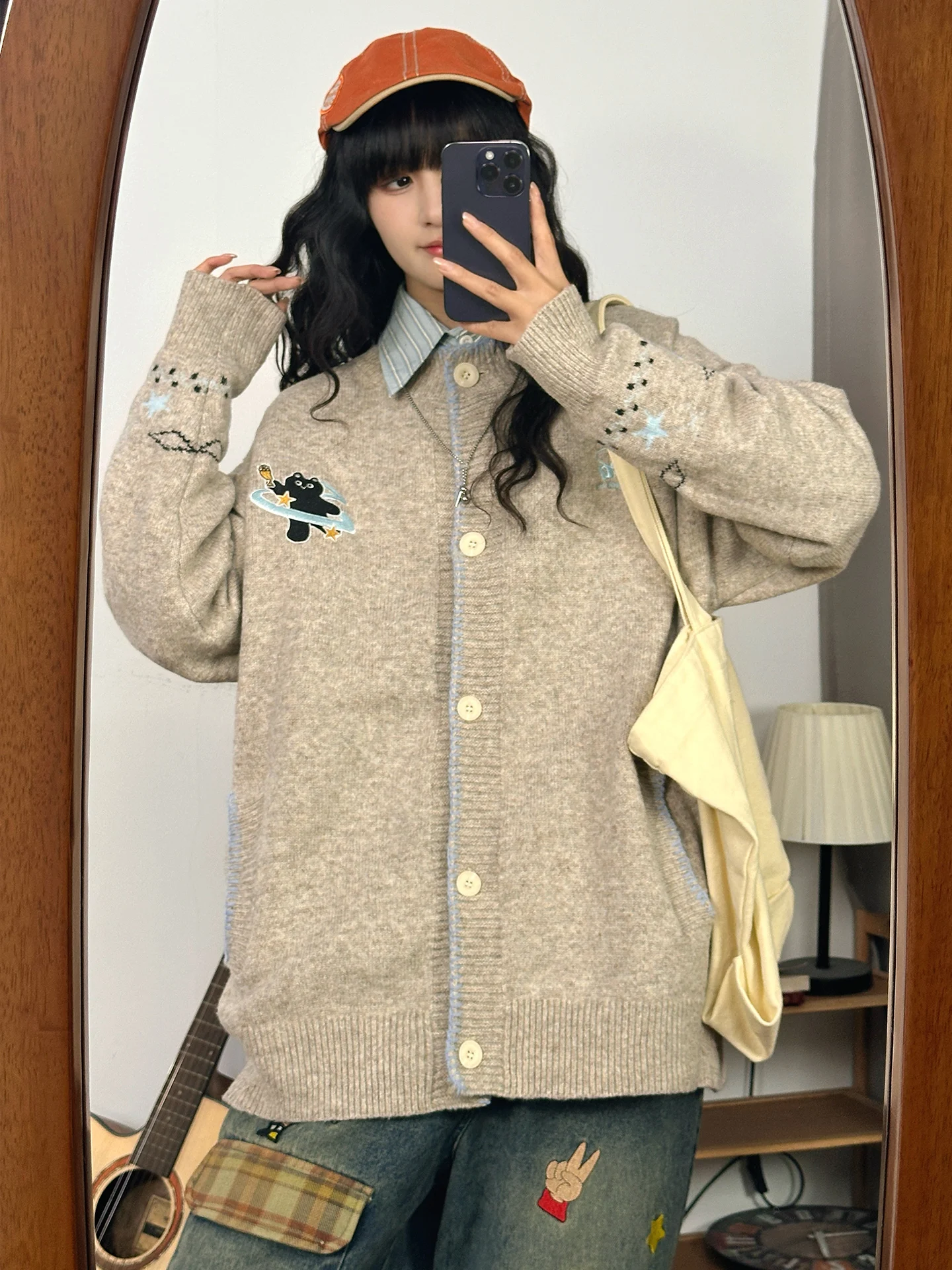 

Оригинальный американский ретро-кардиган с вышивкой, свободный женский свитер в стиле BF, модная осенняя верхняя одежда