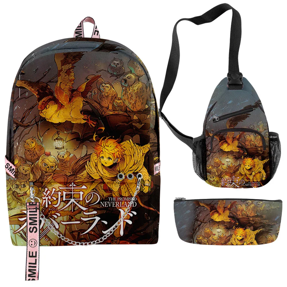 Classic Novelty Anime The Promised Neverland 3D Print 3pcs/Set School Bags multifunction Travel Backpack Chest Bag Pencil Case