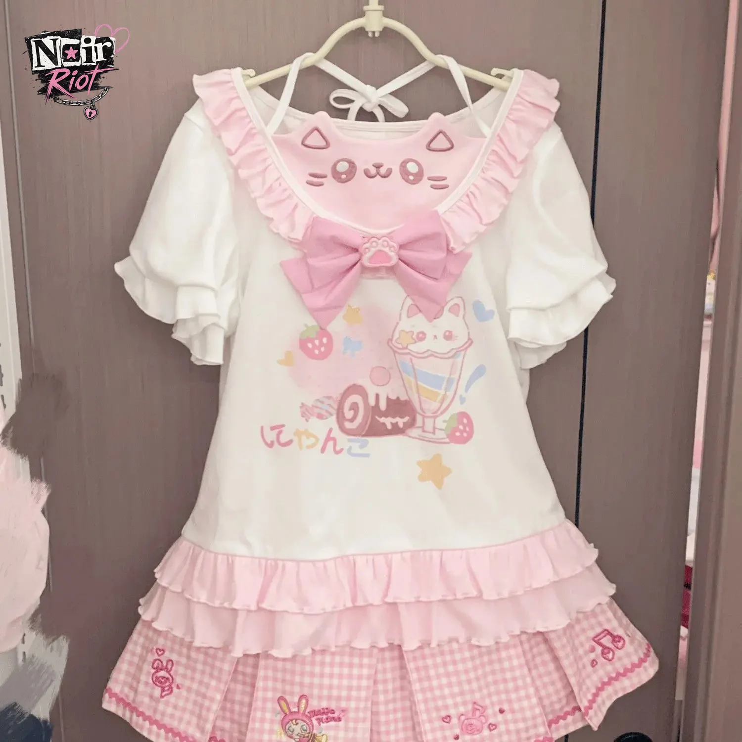 Japanese Sweet Kawaii Cat Print T-shirt Women Summer Cute Bow Ice Cream Ruffle Tiered Blouse Harajuku Y2K Casual Coquette Top