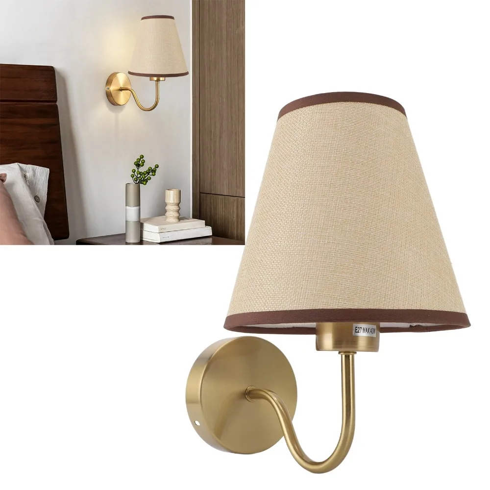 Decorative Linen Wall Lamp Soft Fabric Shade Iron Base Wall Light Brass Gold Hardwired Wall Sconce Lamp Indoor