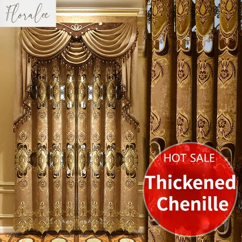 

European Style Golden Embroidered Curtains for Living Room Bedroom Villa Blackout Thickened Chenille Curtains Tulle Lace Custom