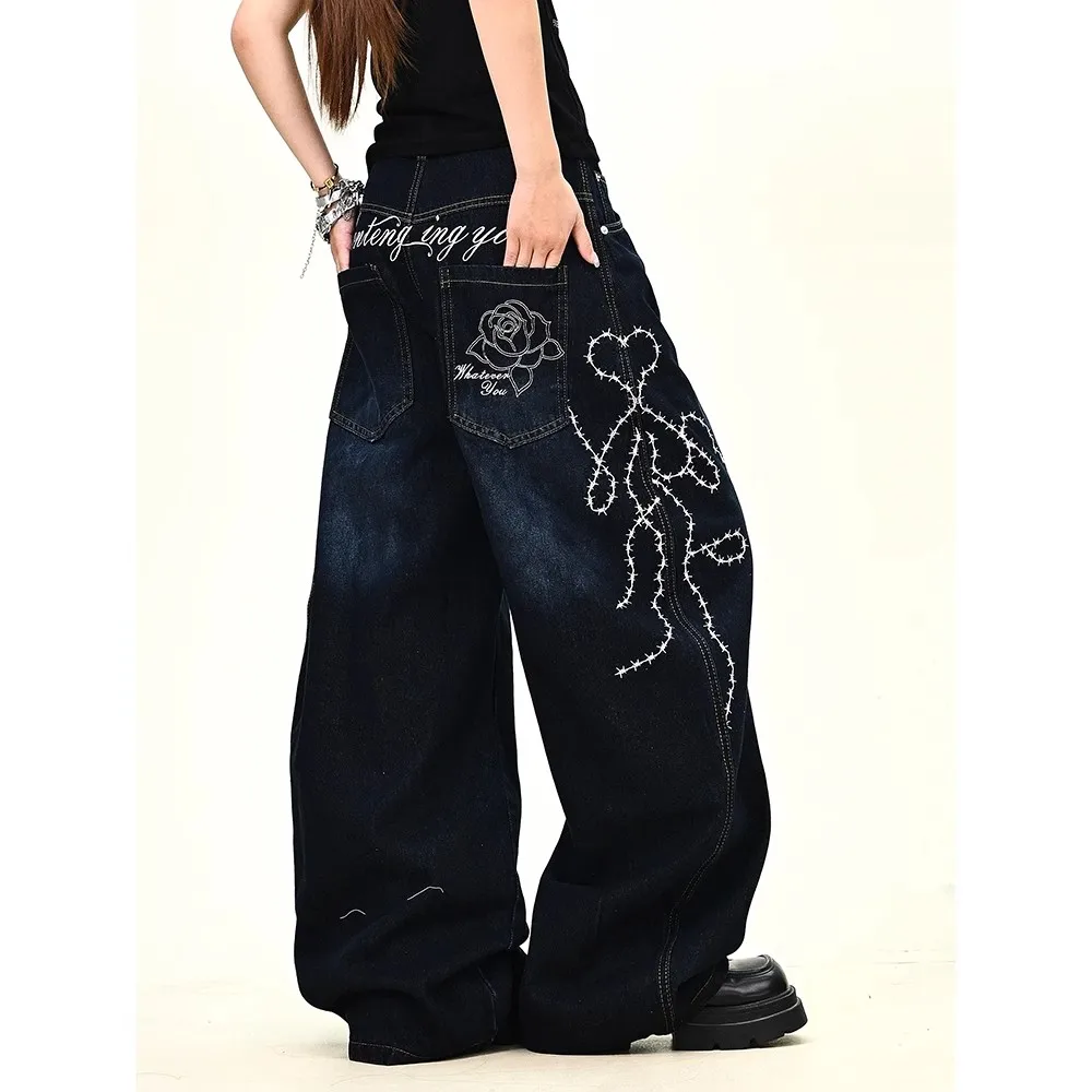 

WCFCX STUDIO Blue Jeans for Women High Waist American Wide Leg Pants Y2K Vintage Straight Baggy Denim Trousers Oversize Pants