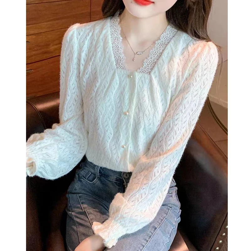 Women French Style Sexy Lace Hollow Beaded Button Chic Tops Autumn Female Trendy Casual White V Neck Long Sleeve Elegant T Shirt