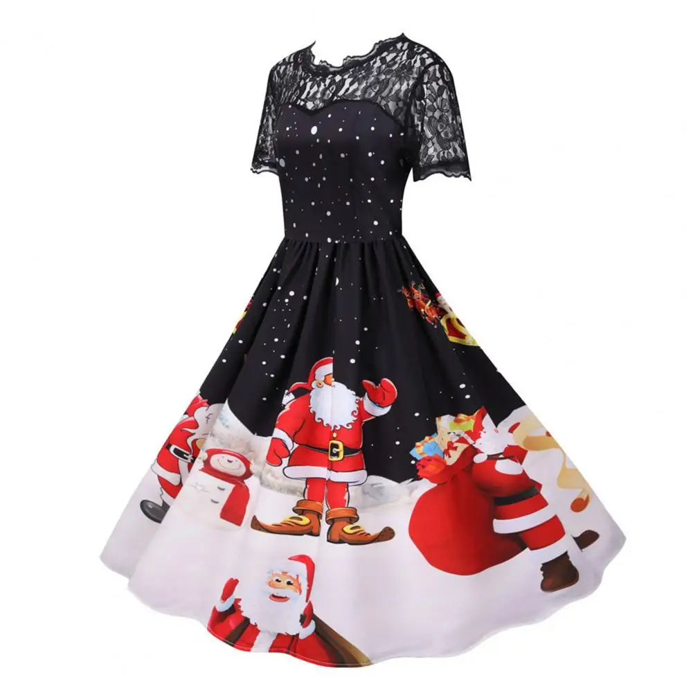 

Plus Size Christmas Dress Stunning Women's Christmas Dress A-line Big Swing with Santa Snowflake Print Round Neck Short for New