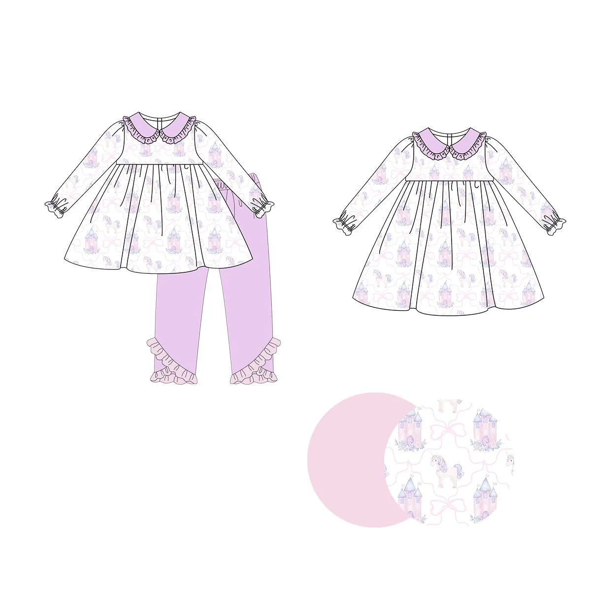 Girls' series Boutique children's set lapel long-sleeved elastic cartoon printed long pants girls' set baby dress